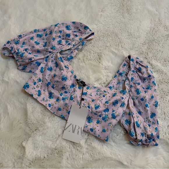 NWT Zara light purple with blue floral print cropped milkmaid busteir top - Picture 1 of 7